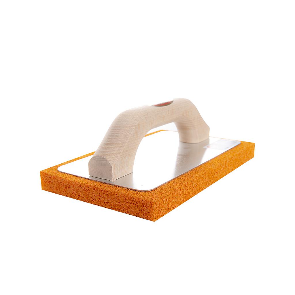 Taloche éponge orange, souple, manche bois