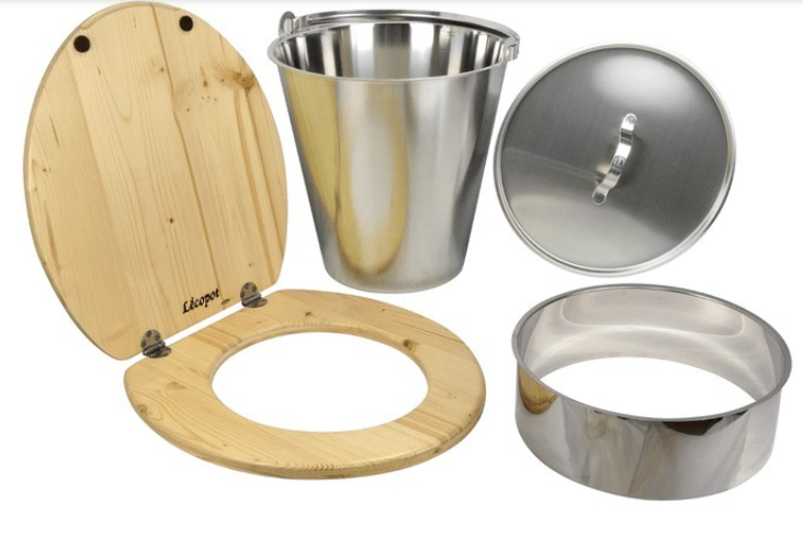 Ensemble complet fabriquer sa toilette sèche : Lunette-abbatant, seau inox, couvercle et bavette